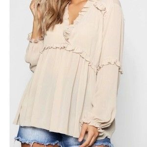 Boohoo Plus Ruffle Detail Plunge Beige Cream Blouse Size 20 Plus Size